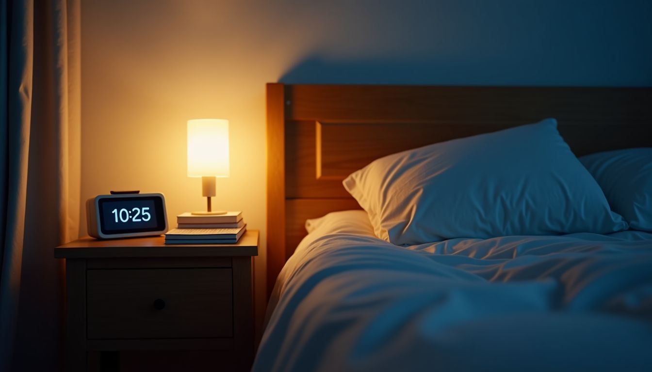 Cozy bedroom at night with stack of books and reading lamp.