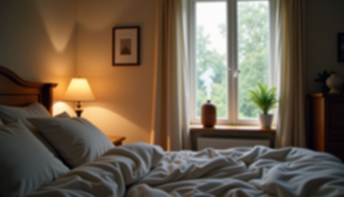 A cozy bedroom with a calming essential oil diffuser.