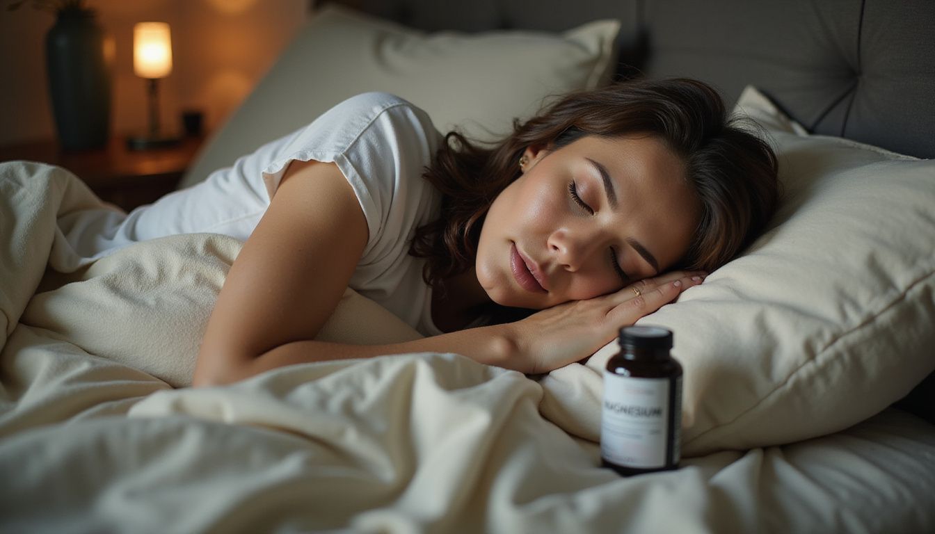 A woman in her 30s sleeping in a cozy bedroom with magnesium supplements.