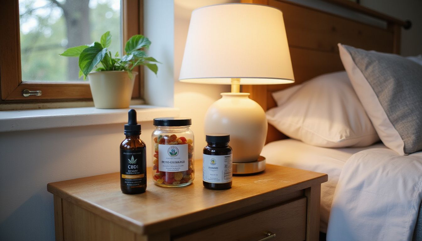 A cozy bedroom with CBD products on the nightstand.