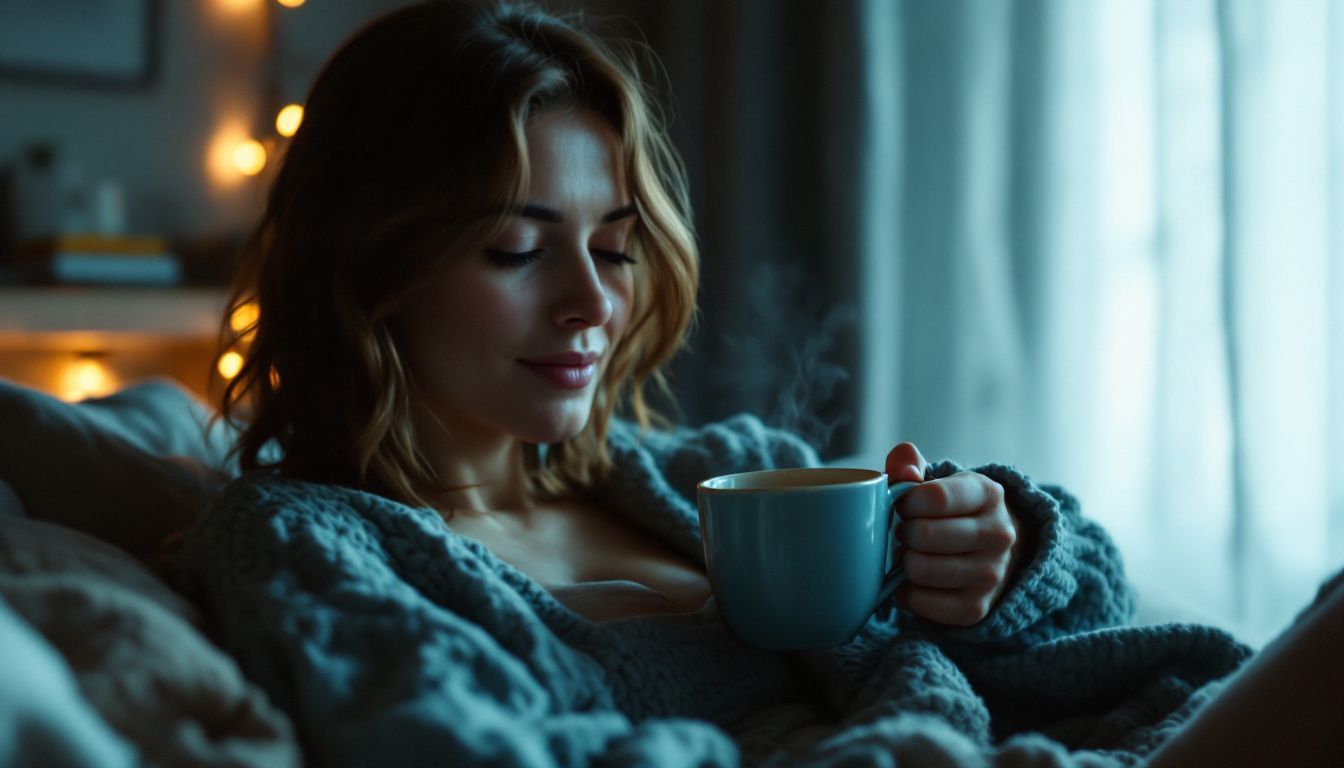 A woman sipping chamomile tea in a cozy bedroom before bed.