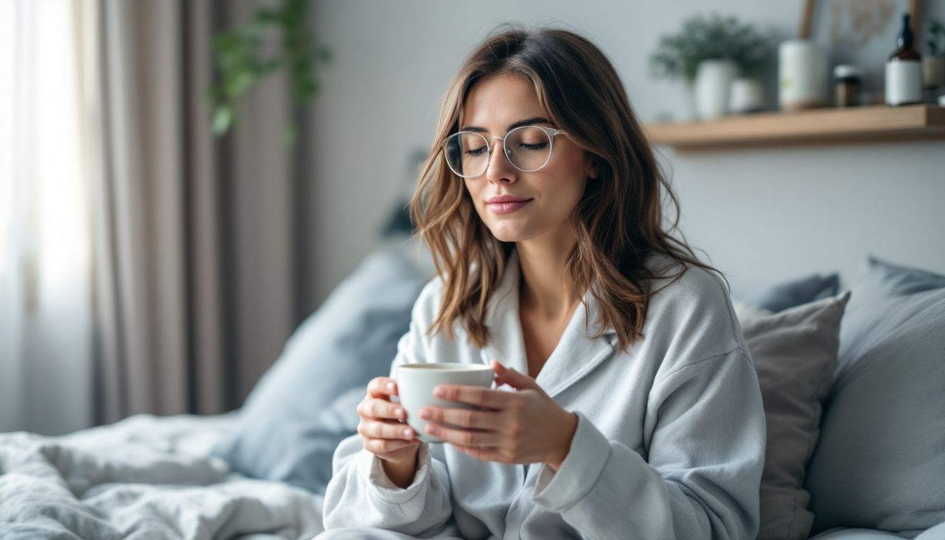 A woman in pajamas sipping chamomile tea in a cozy bedroom.