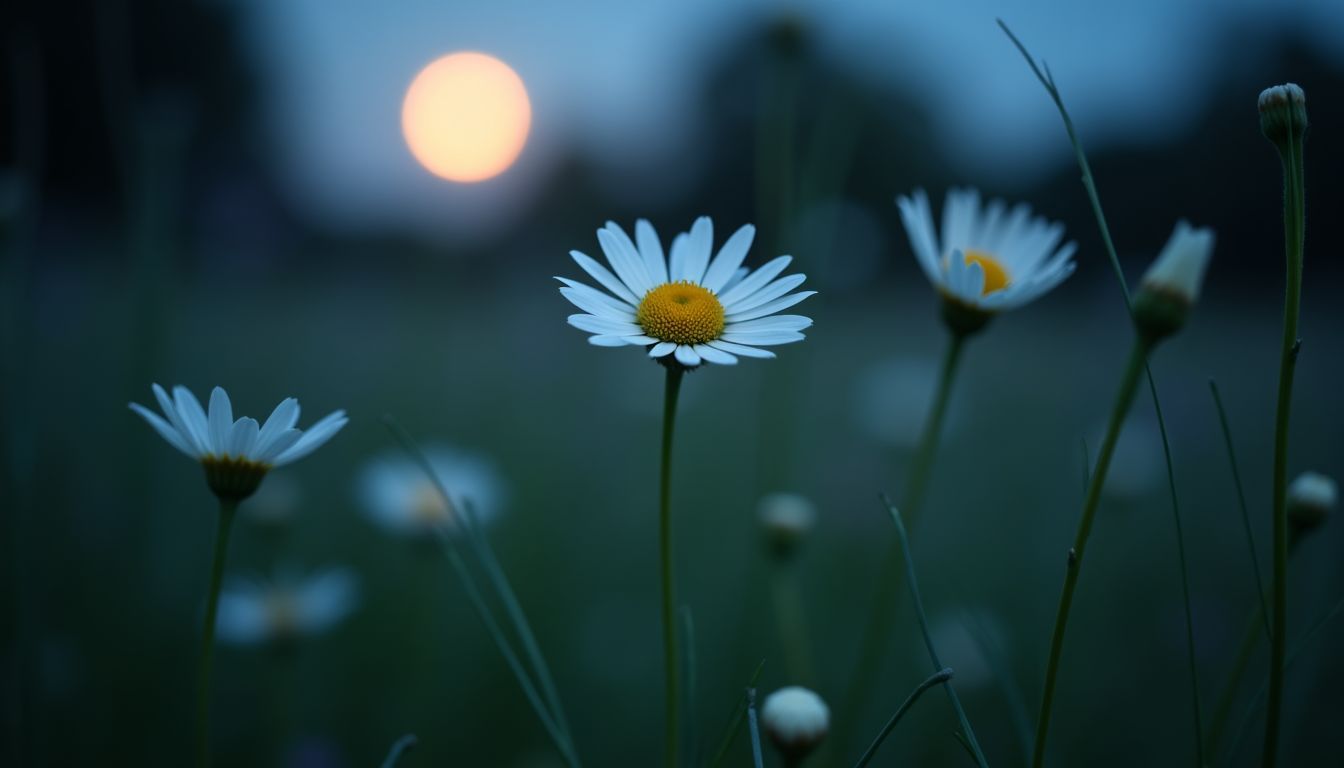 A peaceful nighttime photo of a chamomile plant for better sleep.