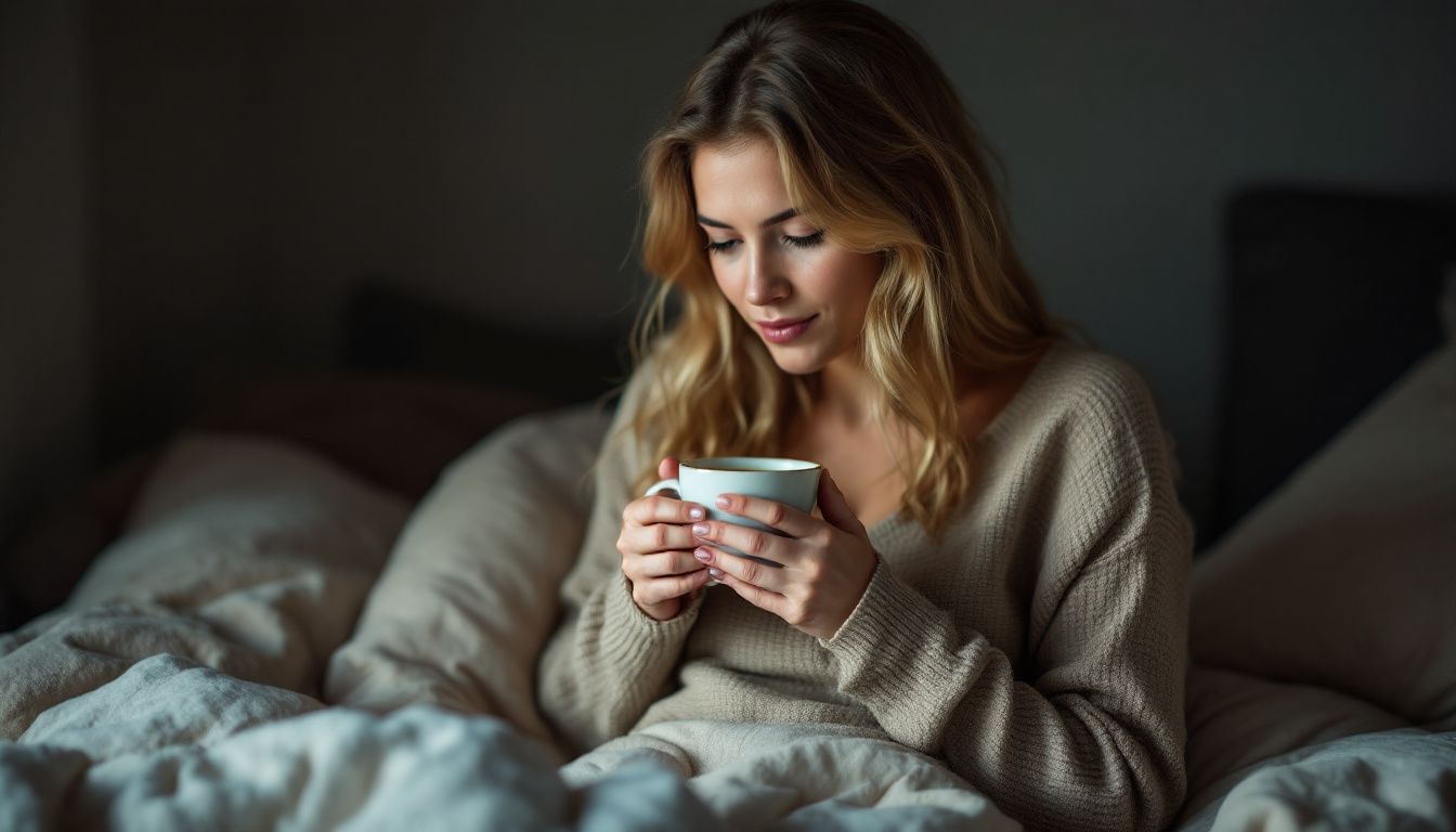 A woman is sitting on a cozy bed, sipping chamomile tea.