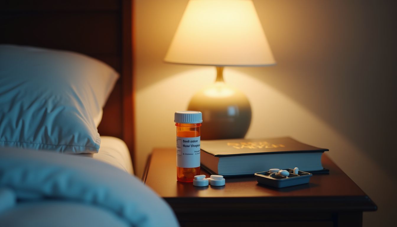 An empty bedside table with sleep-related items in soft lighting.