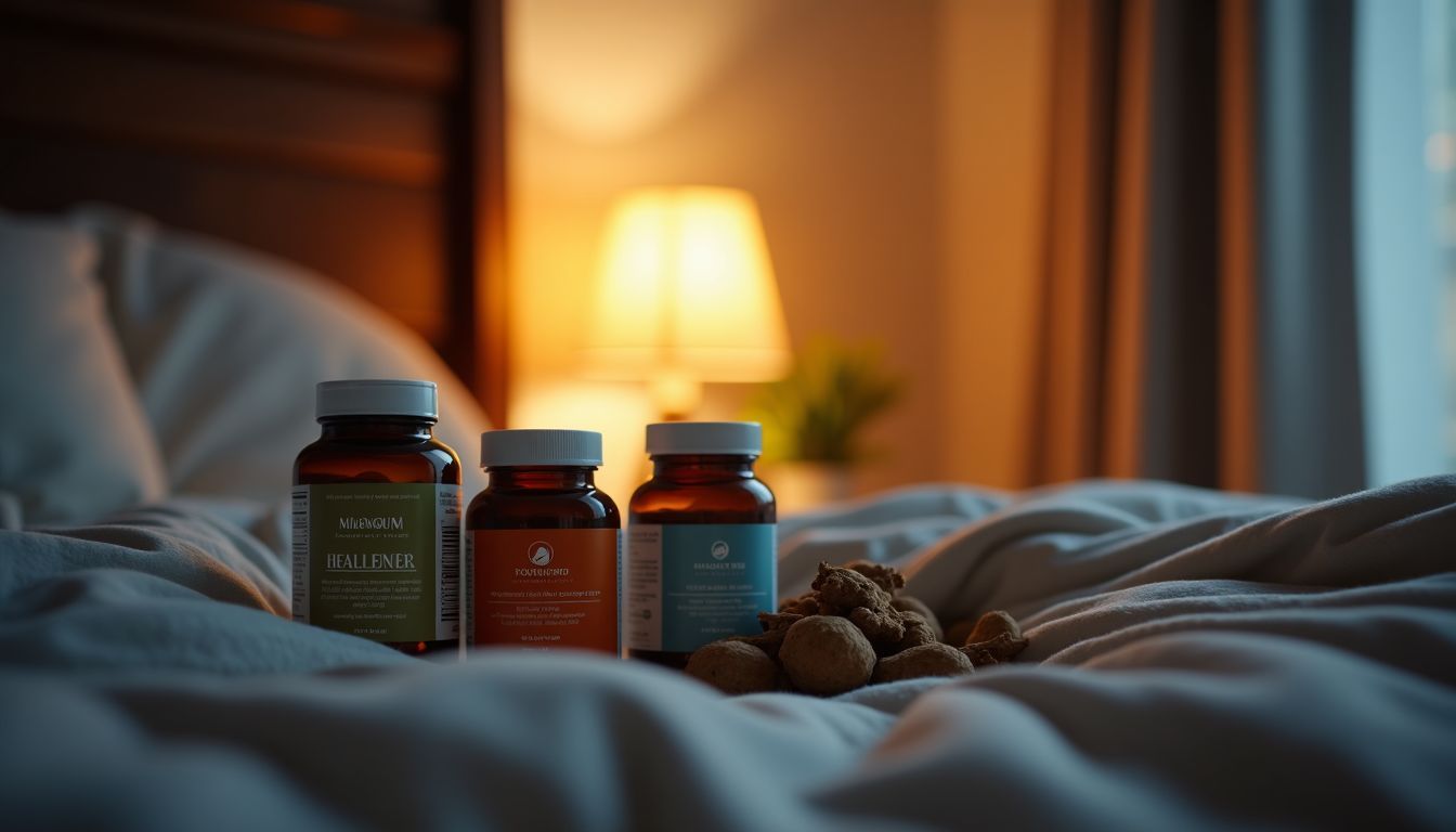 A nightstand with natural sleep aids in a cozy bedroom setting.