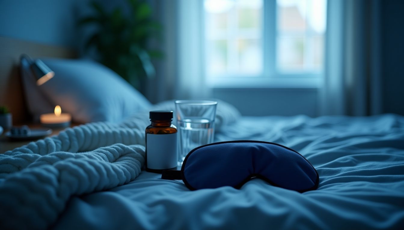 A tranquil bedroom scene with sleep aid pills and calming atmosphere.
