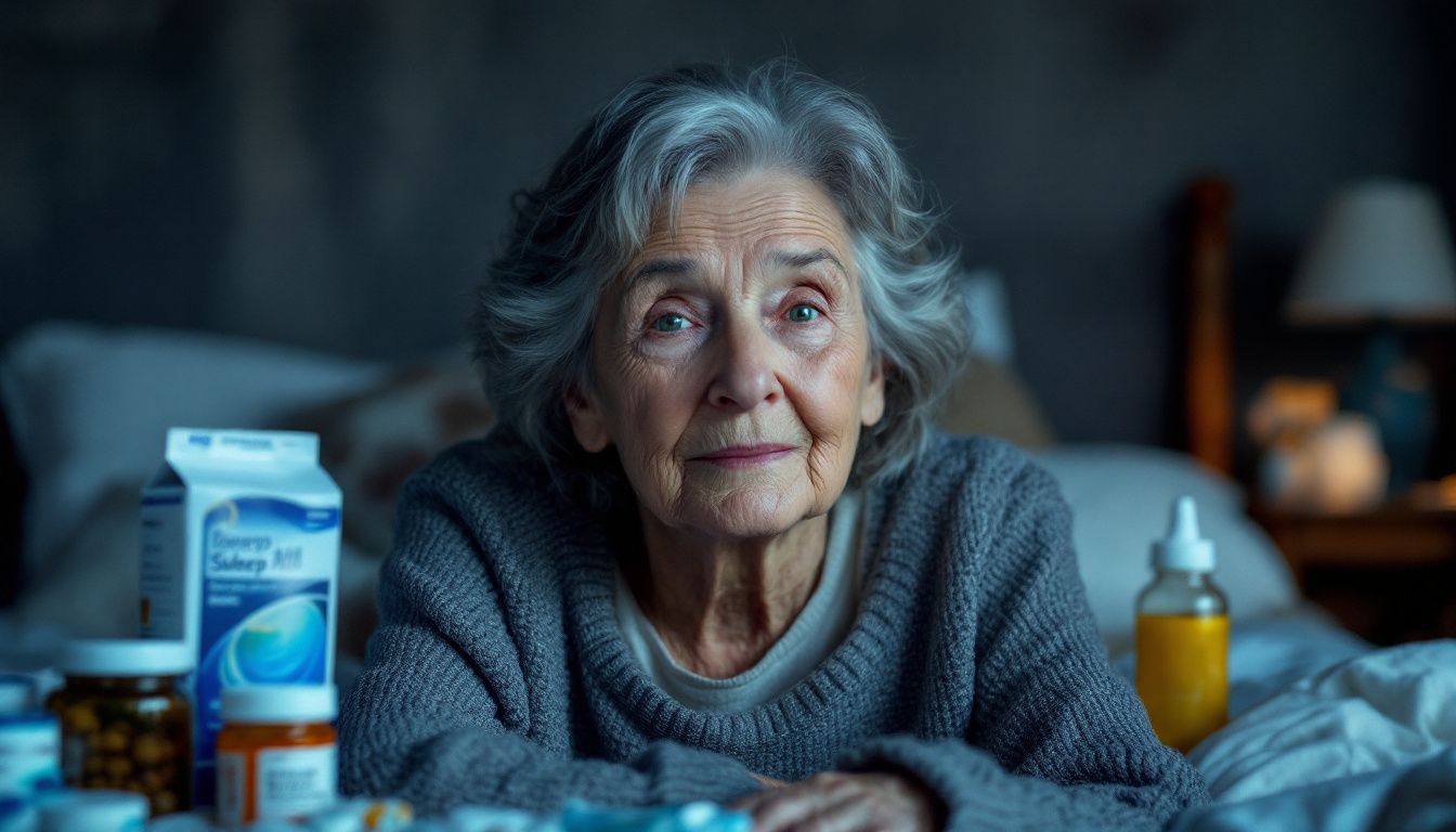 An elderly woman surrounded by sleep aids in a dimly lit bedroom.