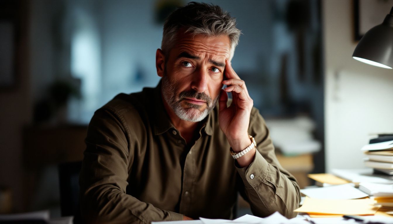 A tired middle-aged man sits at a cluttered desk rubbing his temples.