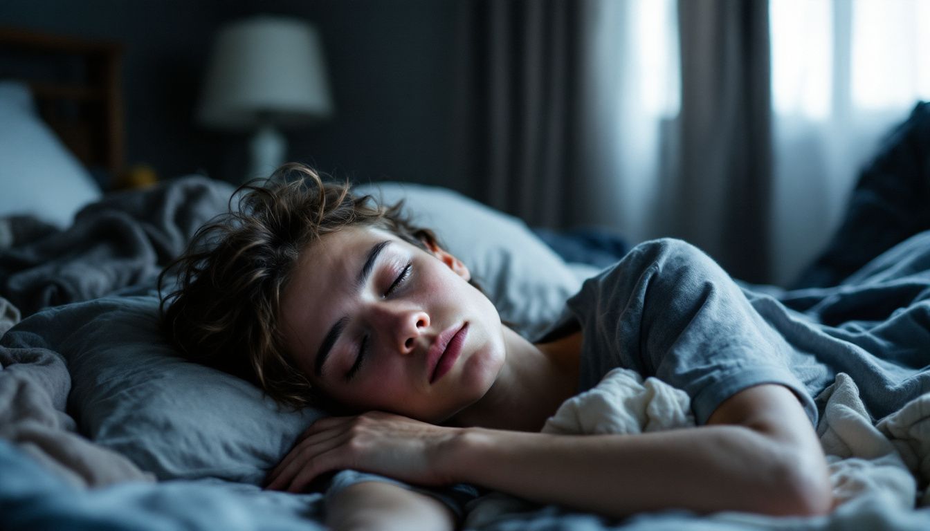 A tired young adult lies on a messy bed, reflecting a restless night.