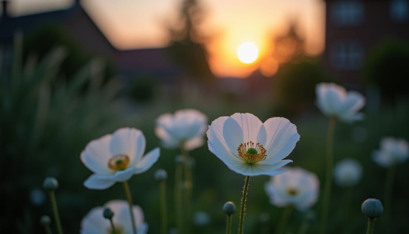 A peaceful garden at dusk with blooming white poppy flowers.