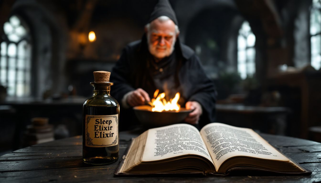 An alchemist brews a sleep elixir in a medieval castle.