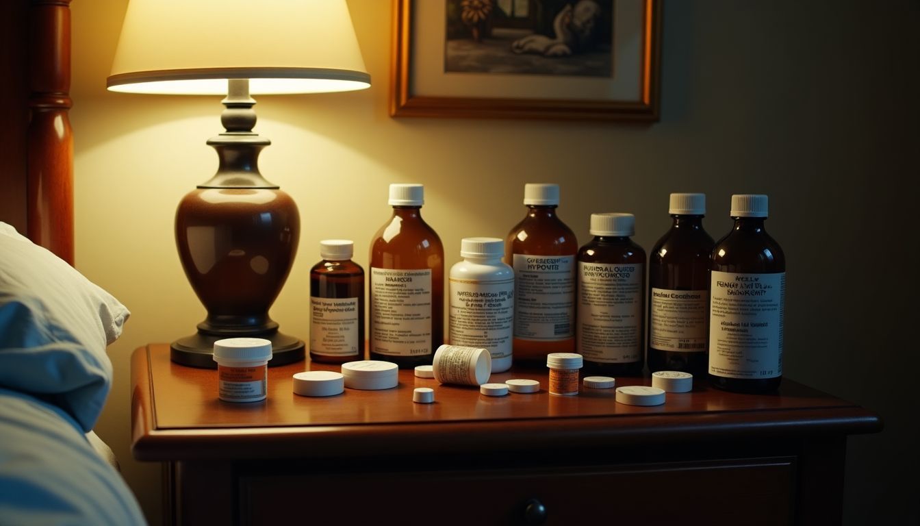 A cluttered nightstand with various generations of hypnotic medications.