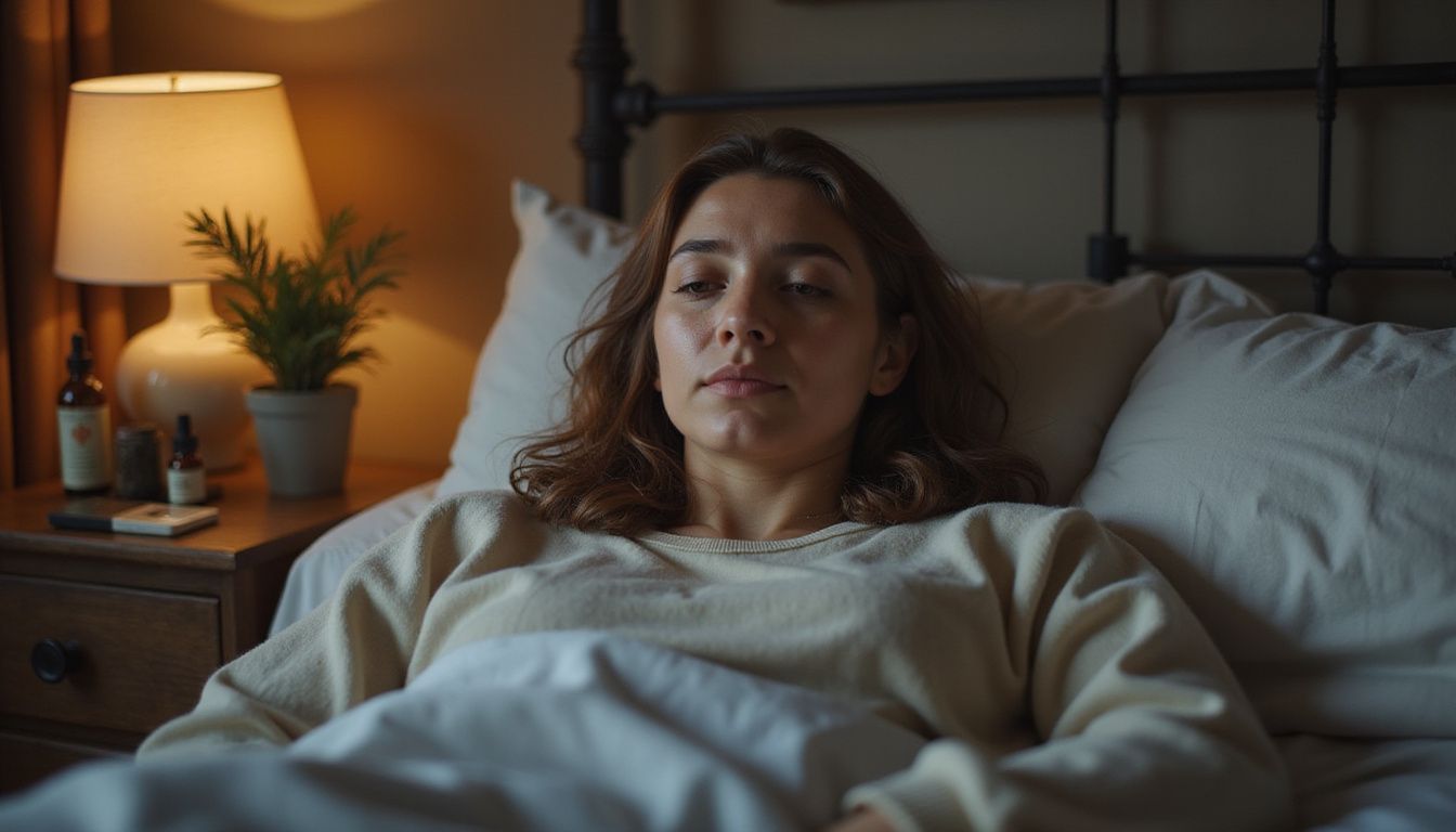 A woman in her 30s peacefully sleeping in her bedroom with CBD oil on her bedside table.