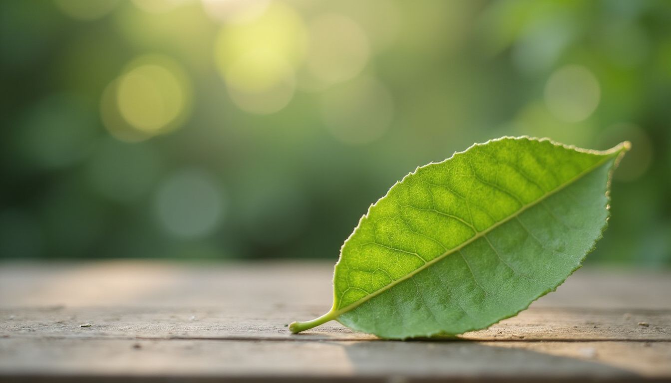 A single green tea leaf in a serene natural setting.