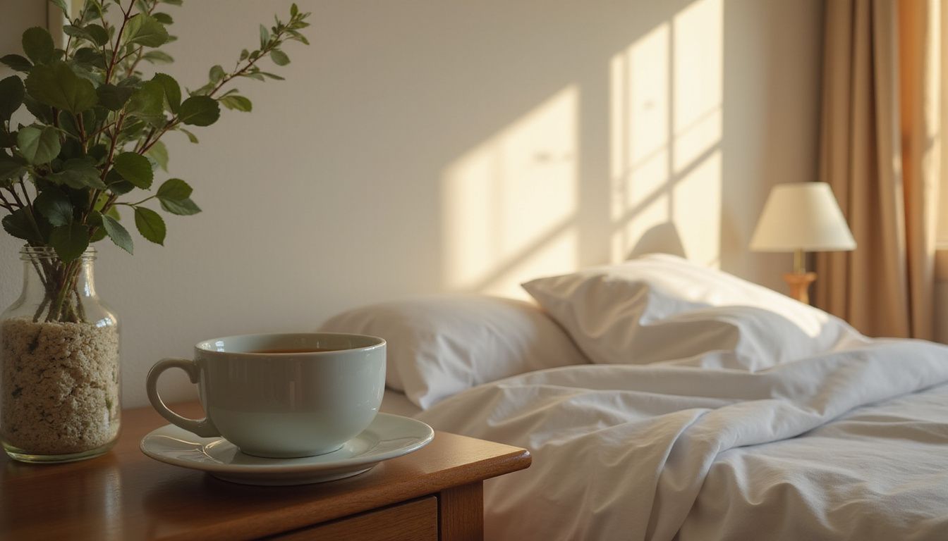 A cozy bedroom with a cup of tea evokes a tranquil vibe.