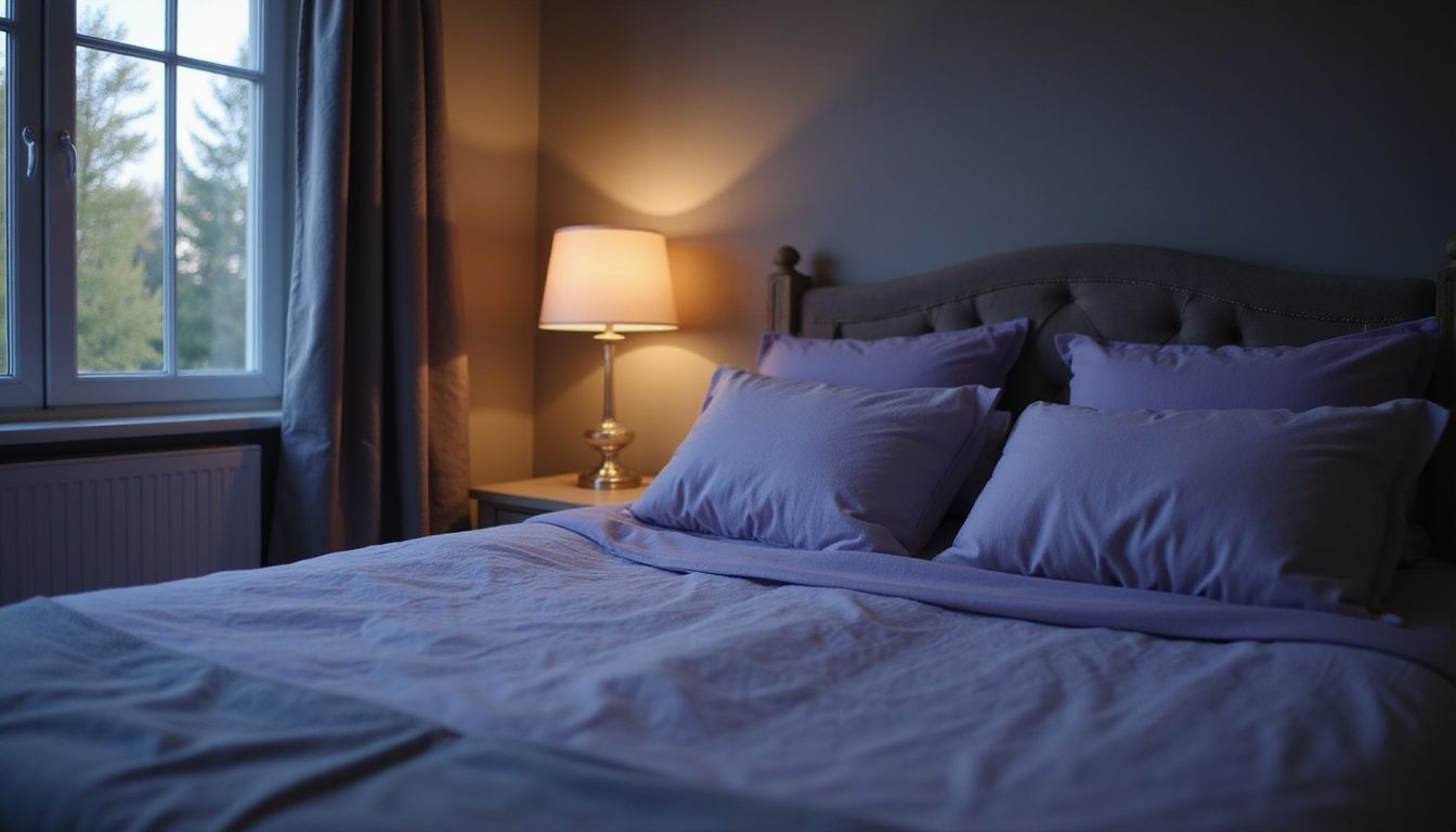 A serene bedroom with a cozy bed and lavender pillows.