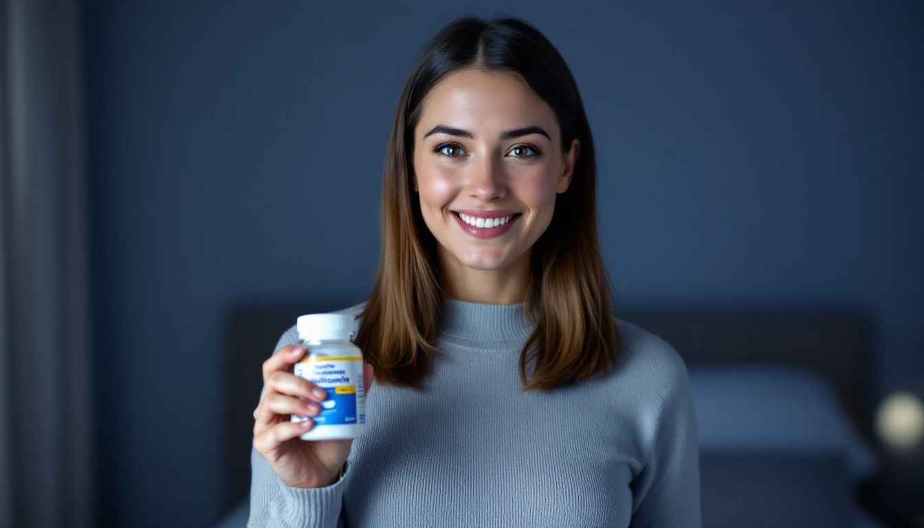 A woman in her 30s holding a bottle of sleep aid pills.