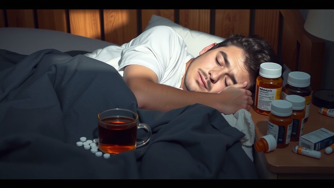 A person peacefully sleeping with natural and prescription sleep aids nearby.