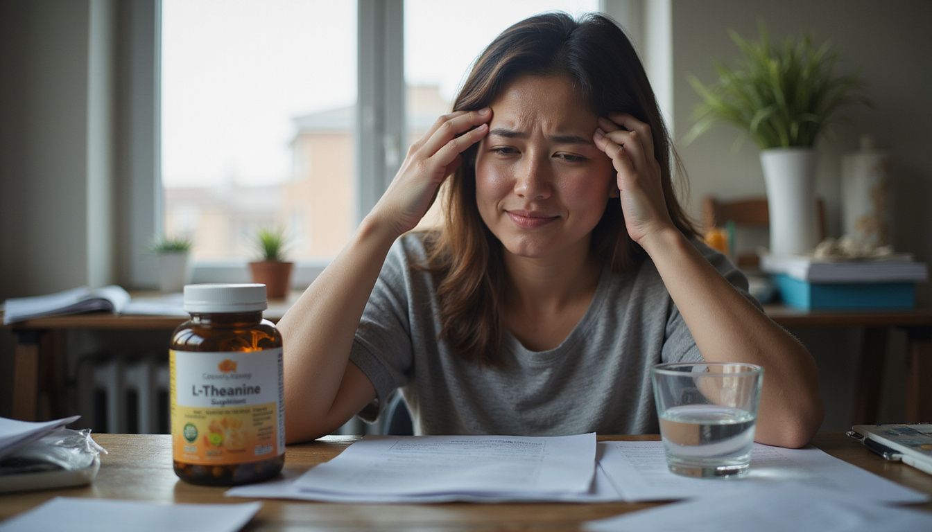 A woman in her 30s is sitting at a messy desk in pain.