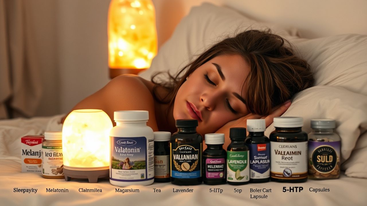 A woman in her 30s peacefully sleeping with sleep aids nearby.