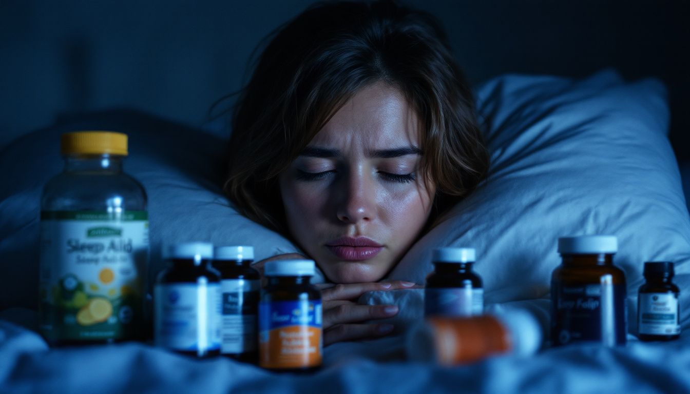 A tired woman in bed surrounded by empty sleep aid bottles.