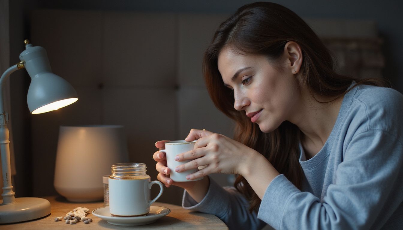 A woman prepares tea with L-theanine for a peaceful bedtime routine.