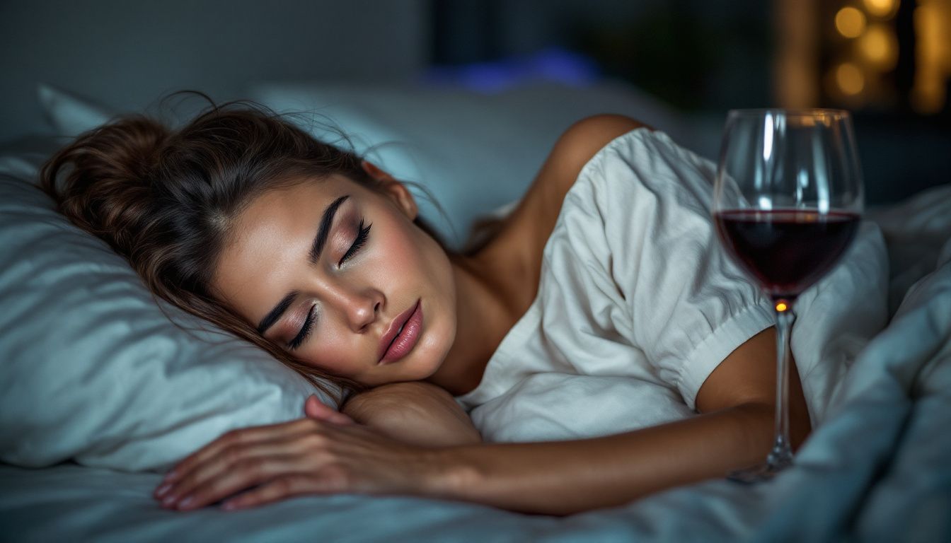 A woman in her 30s lying in bed with a glass of wine.