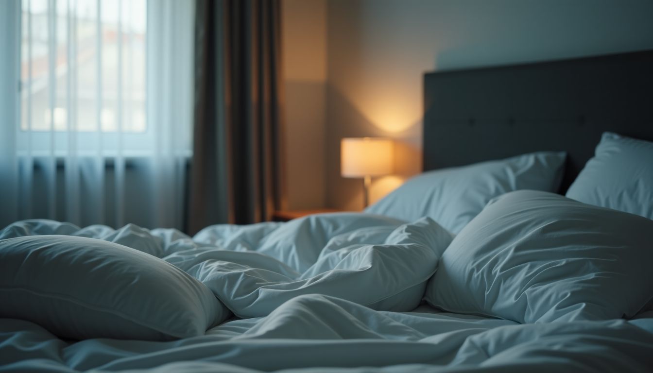 A messy bedroom with an unmade bed and scattered pillows.
