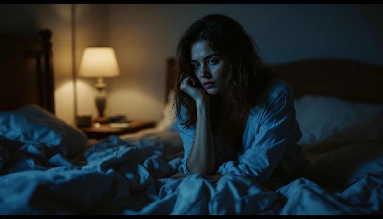 A woman sitting on a messy bed, looking restless at 3:00 AM.