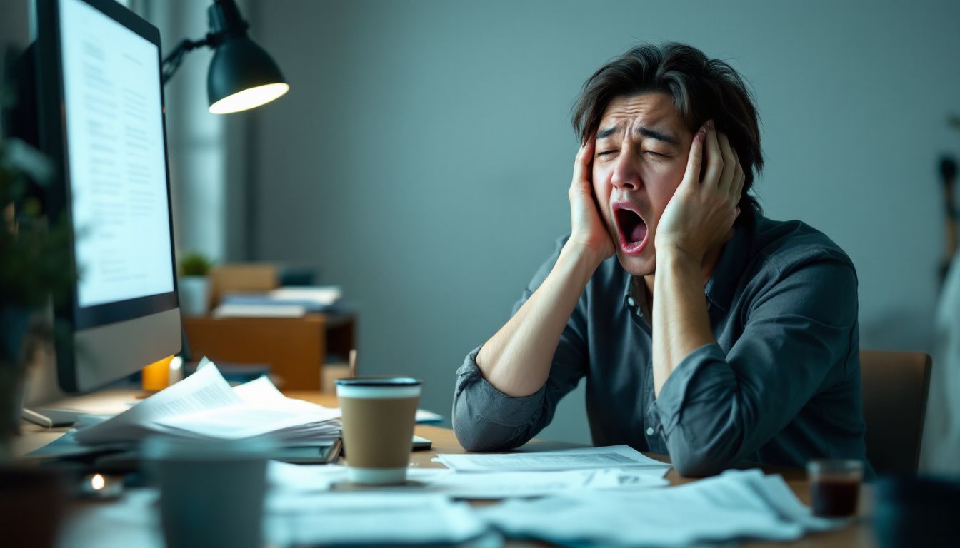 A tired person struggles to stay awake at a cluttered desk.