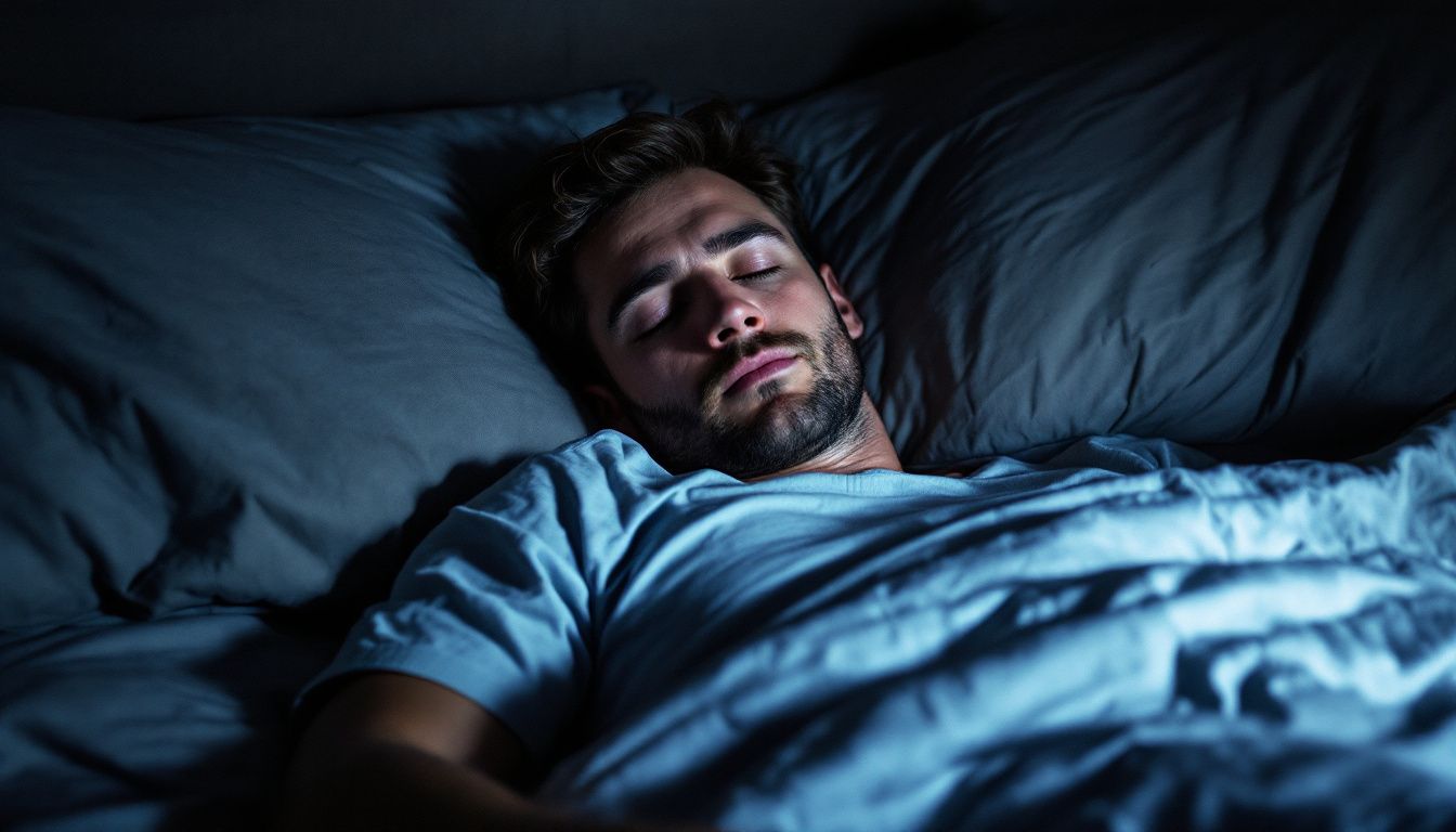A man peacefully sleeping in a dimly lit bedroom.