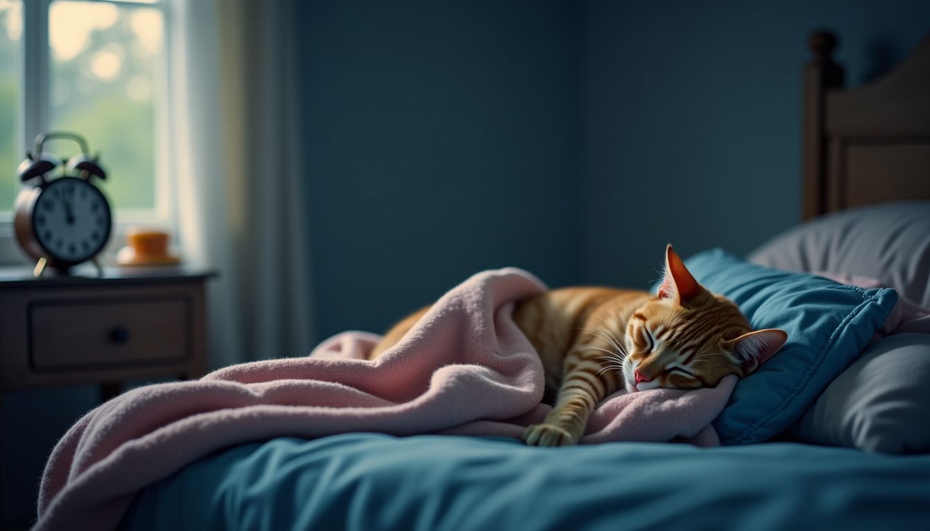 A peaceful cat sleeps in a cozy bedroom at night.