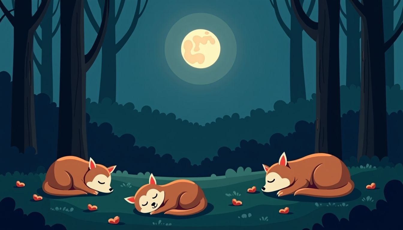A peaceful moonlit forest with sleeping animals in various positions.