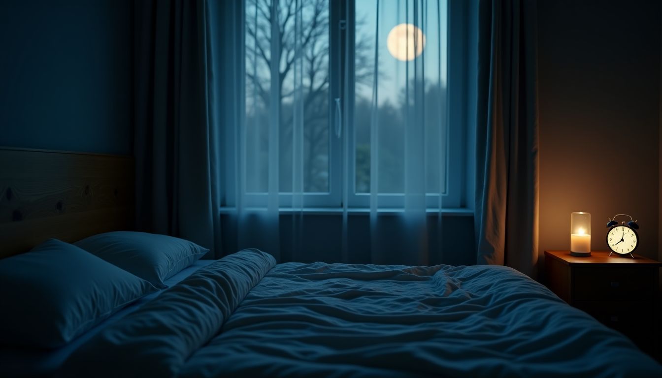 A cozy, well-used bed in a dimly lit bedroom at night.