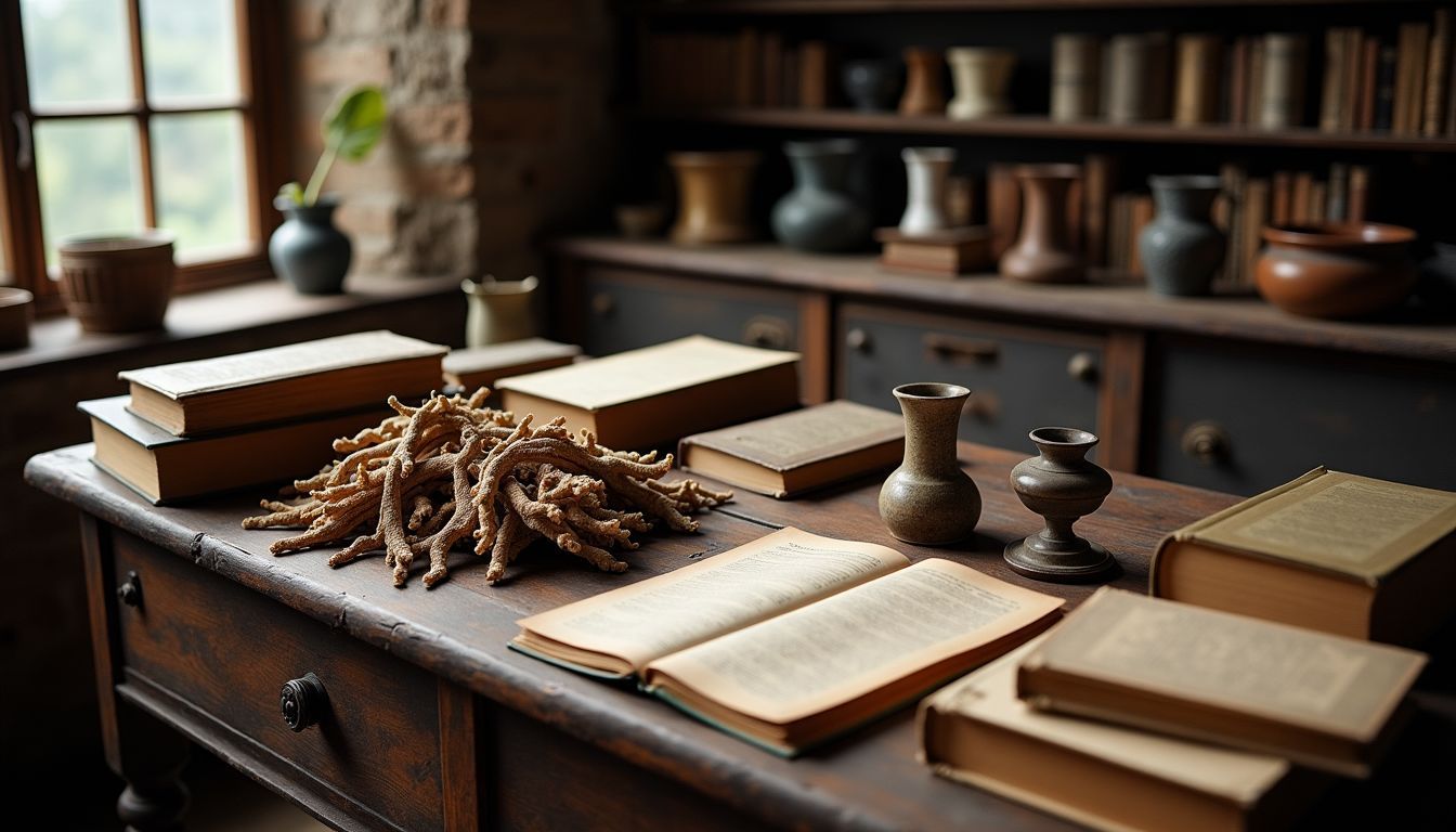 An antique apothecary table with dried herbs and ancient artifacts.