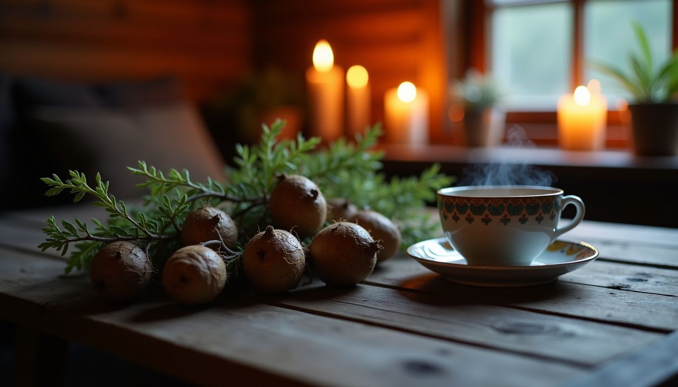 A cozy cabin scene with freshly harvested Valerian roots and tea.