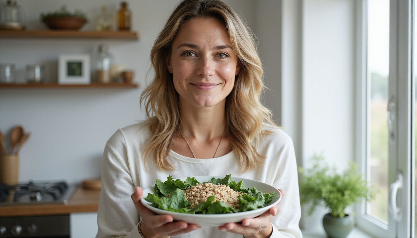 A woman in her mid-30s holding a plate of healthy food.