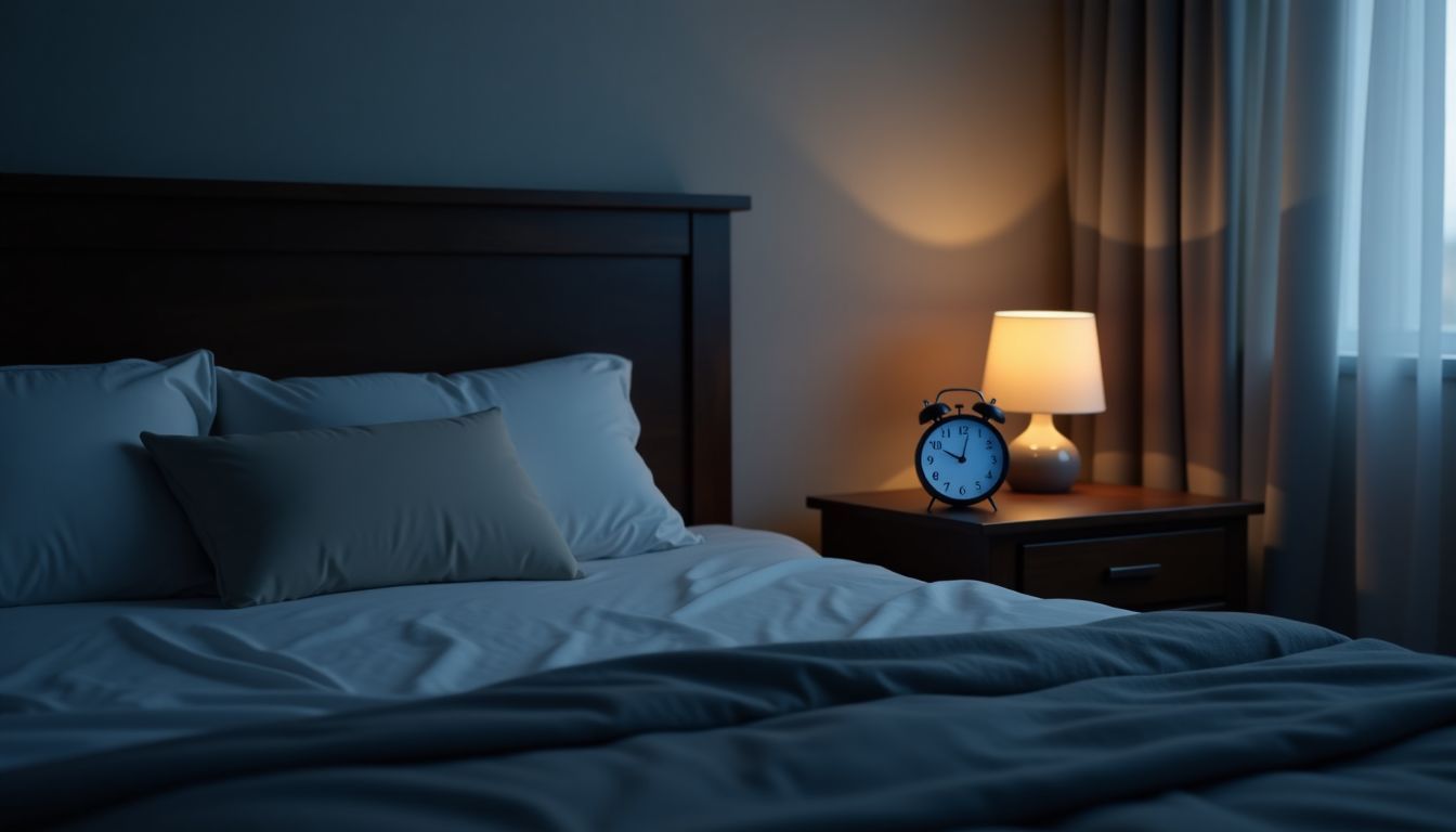 A cozy, tranquil bedroom at night with an inviting bed and peaceful atmosphere.