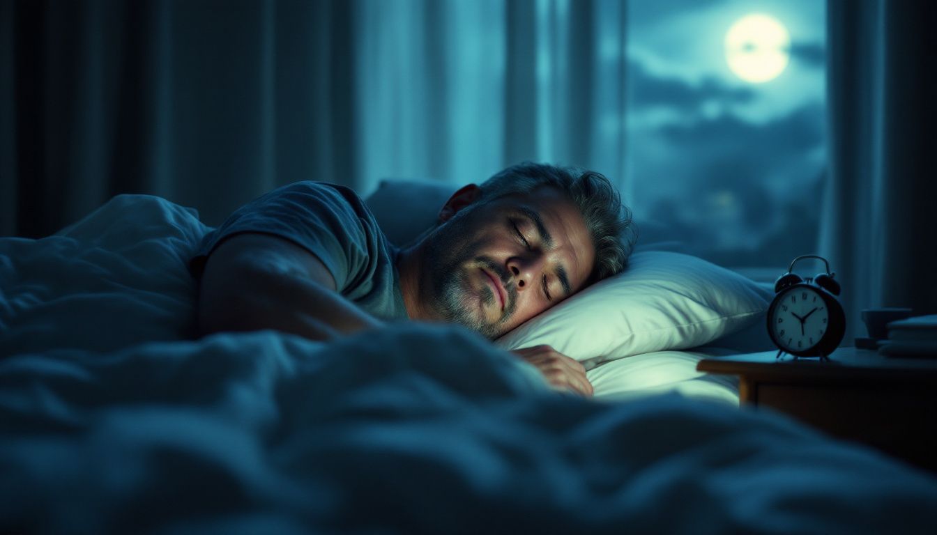 A middle-aged man peacefully sleeping in a dimly lit bedroom.