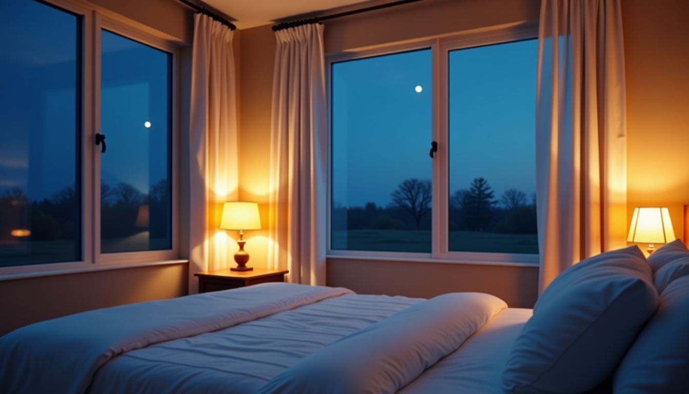 A cozy bedroom with a comfortable bed and tranquil night sky.