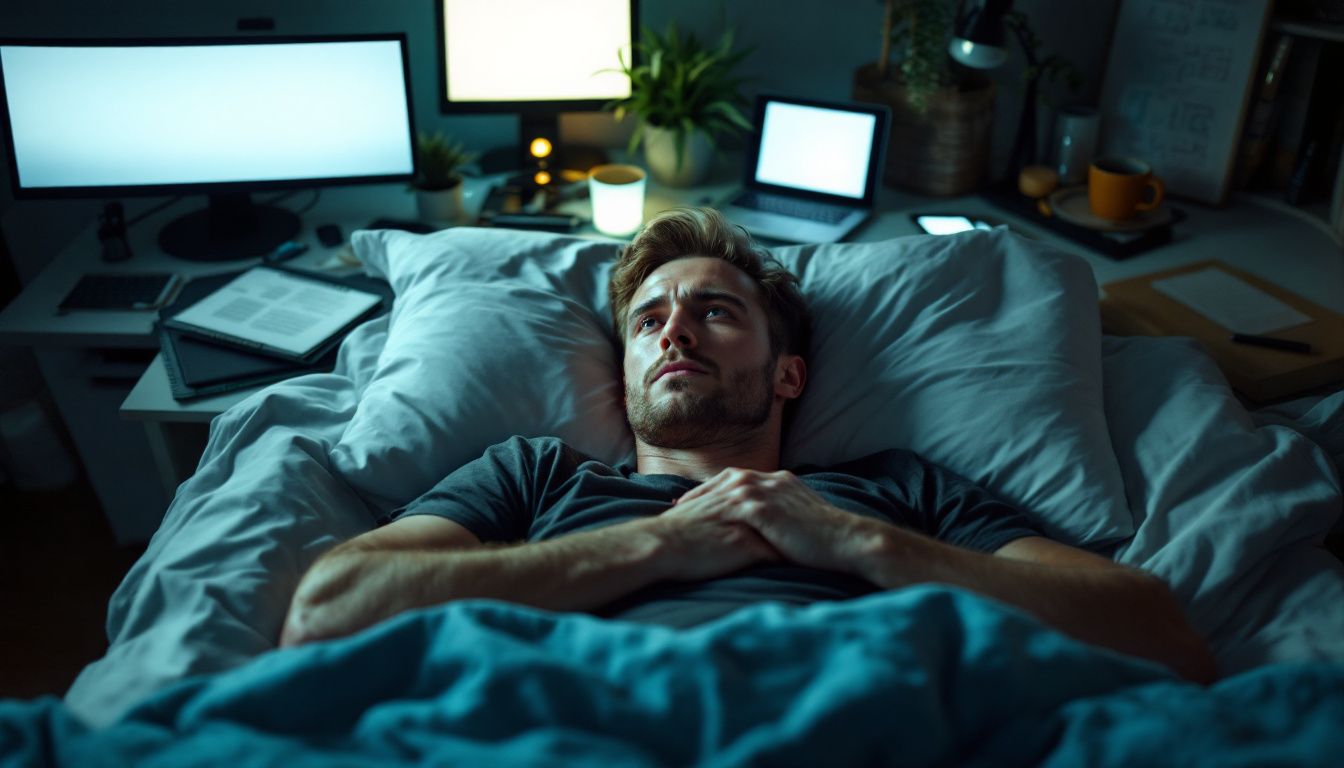 A man lying in a cluttered bed with a concerned expression.