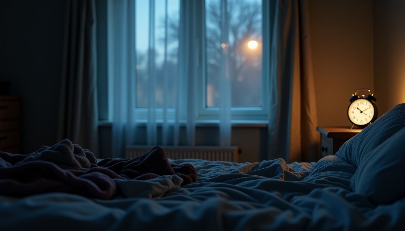 A messy bedroom with clothes on the floor at 3:00 AM.