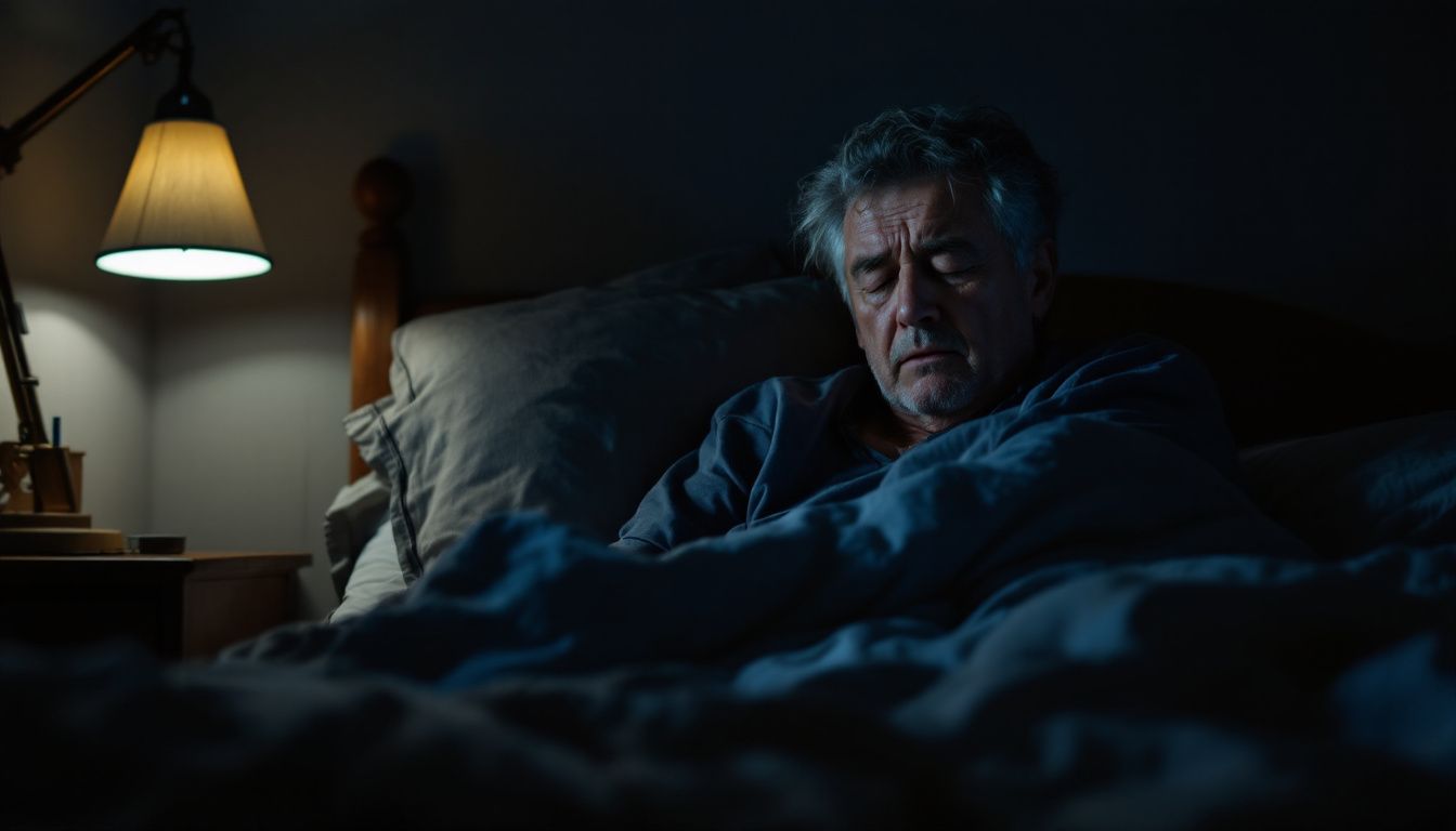 A middle-aged person struggles with sleep, sitting on a dimly lit bed.