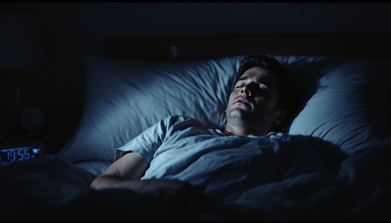 A person struggles to fall asleep in a dimly lit bedroom.