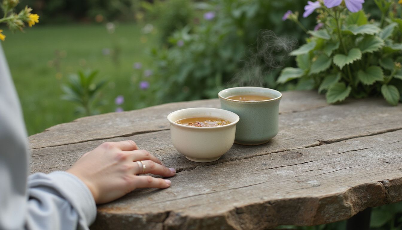 A peaceful morning scene with tea cups on a rustic table.