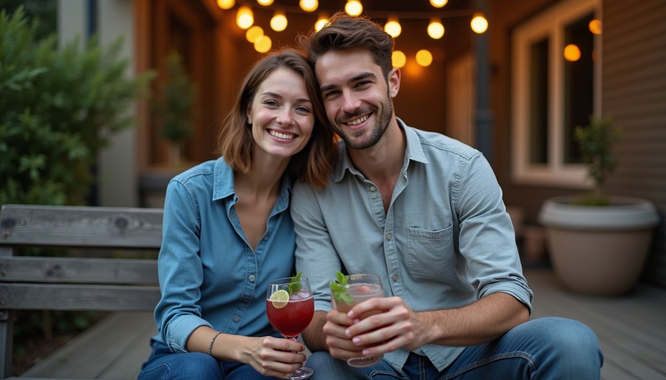 A couple enjoying mocktails on a weathered wooden patio bench.