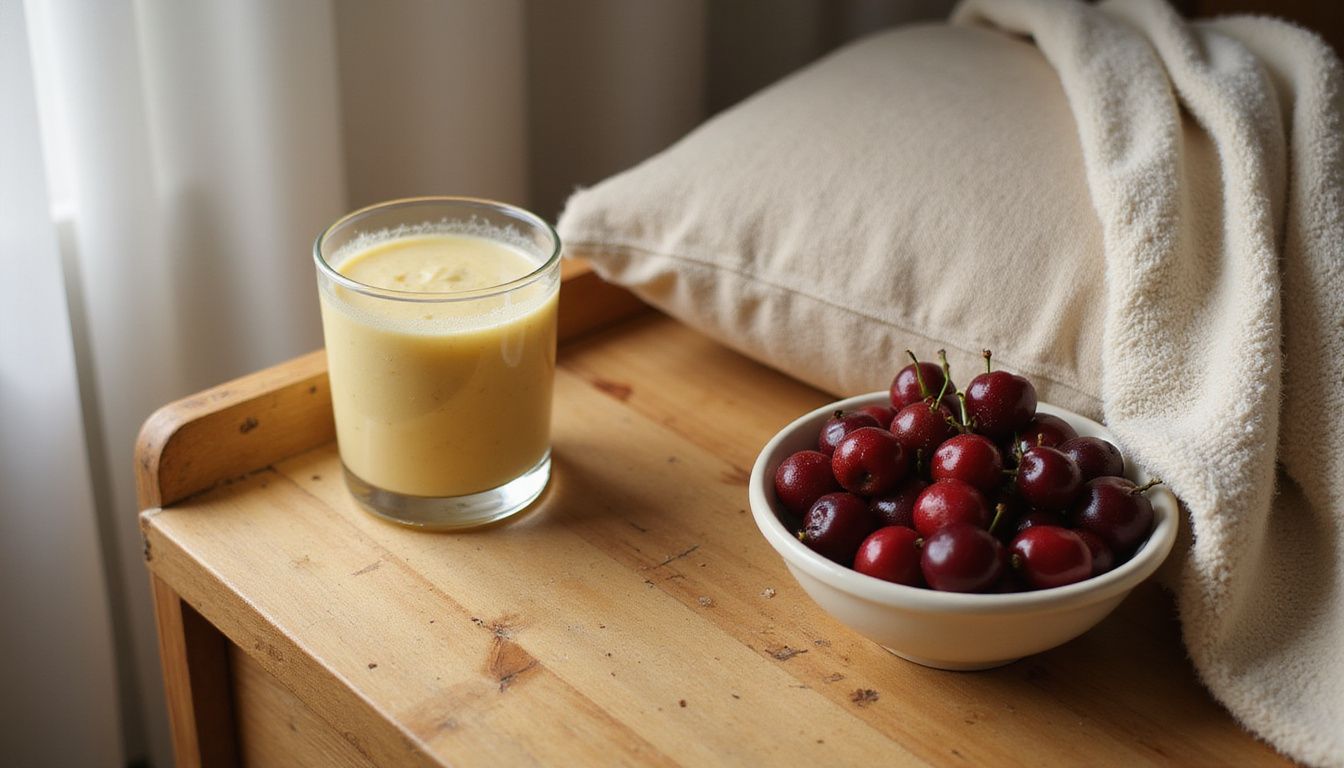 A cozy morning scene with a banana smoothie, cherries, and bedding.