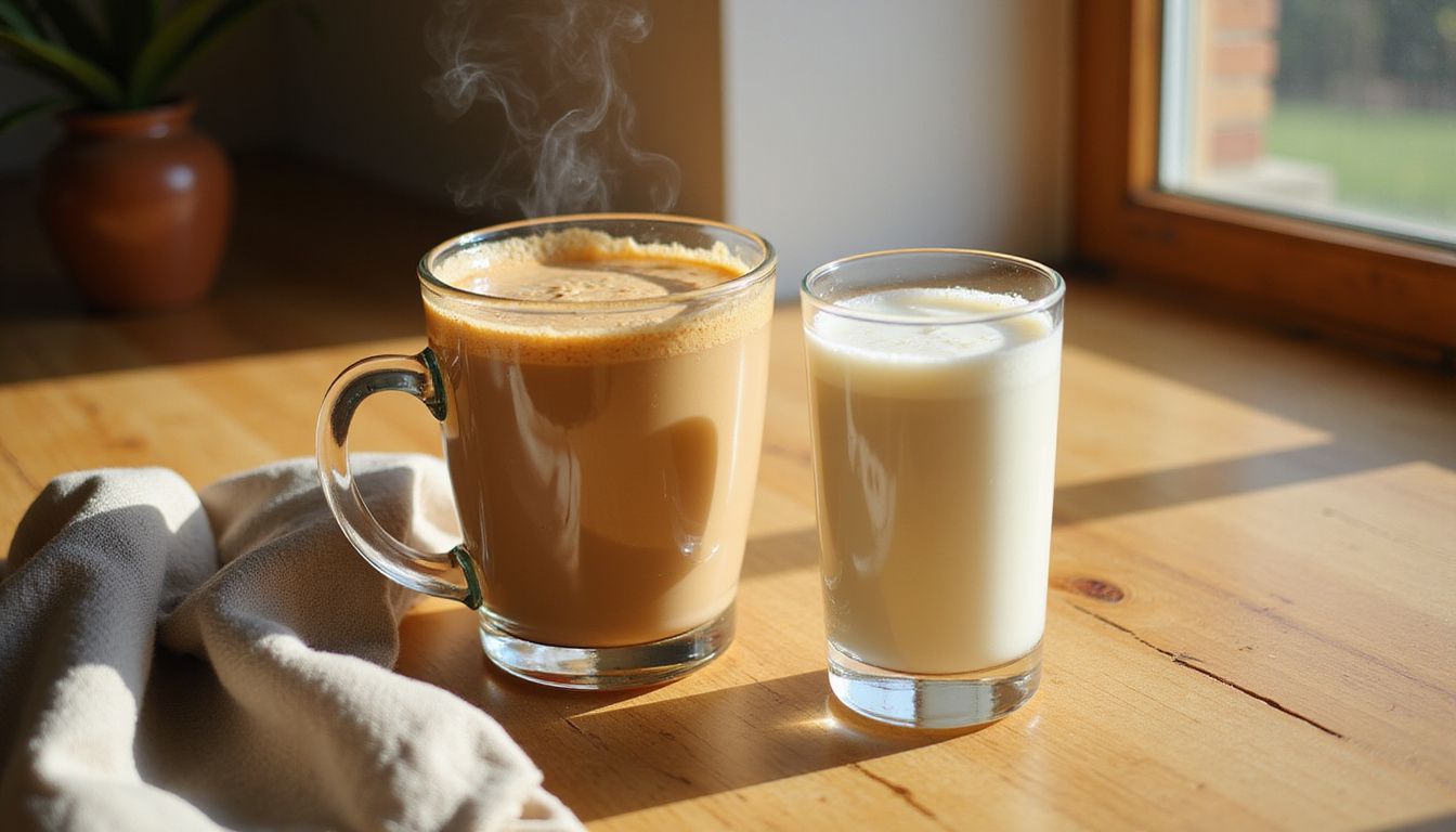A sunlit kitchen counter with two creamy drinks and a linen cloth.