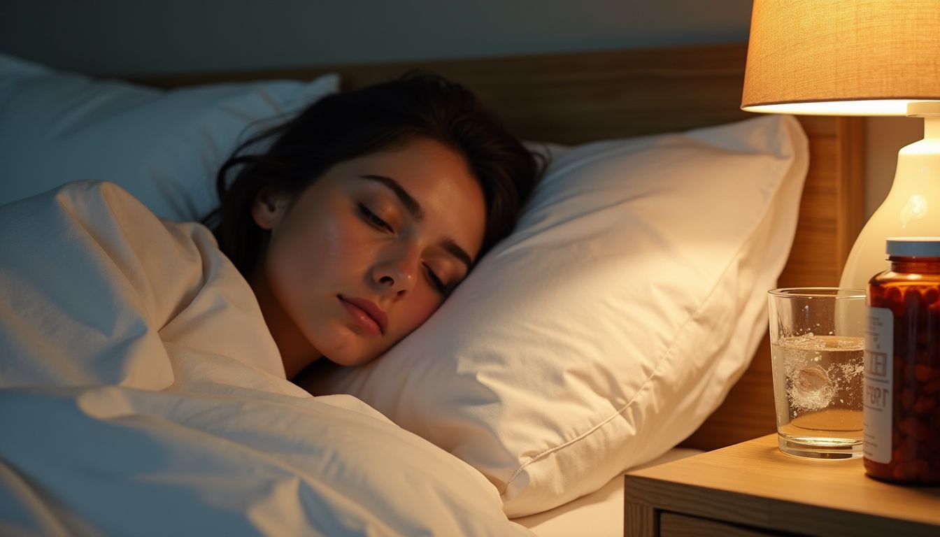 A woman peacefully sleeps with gentle sheets and bedside items nearby.